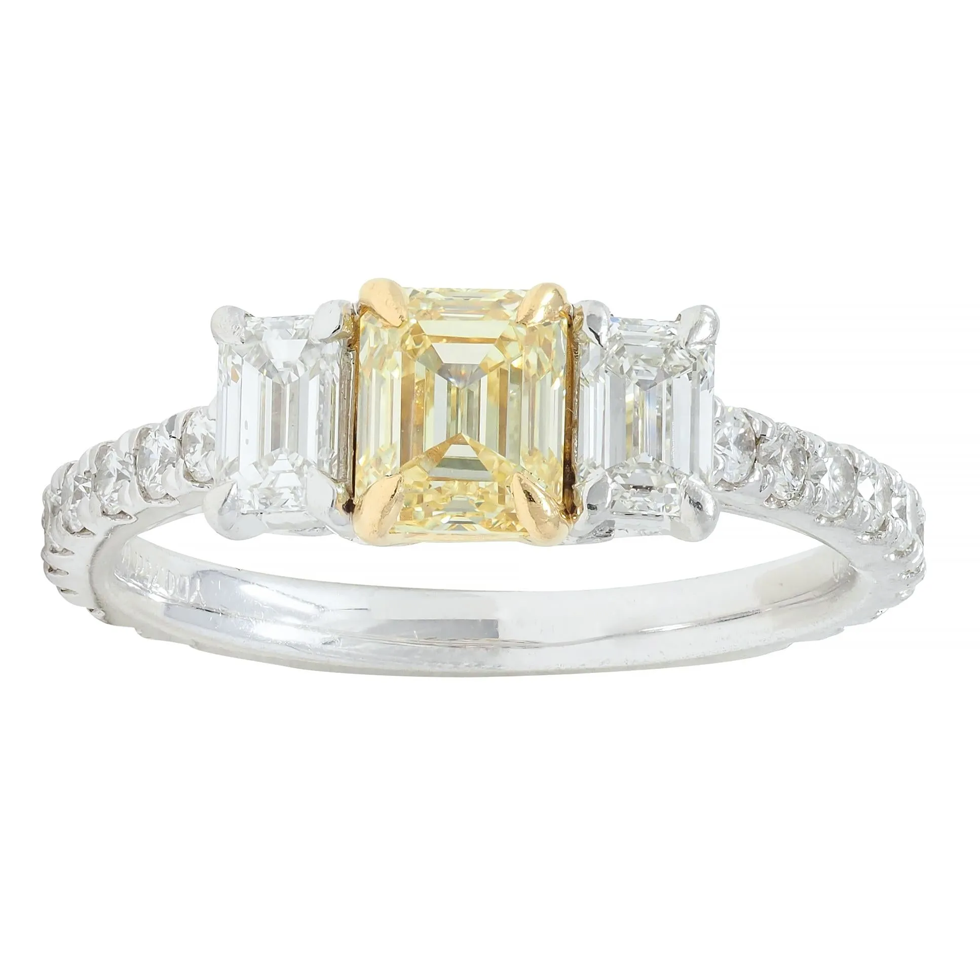 Contemporary 1.61 CTW Fancy Yellow Emerald Cut Diamond Platinum 18 Karat Numerical Engagement Ring