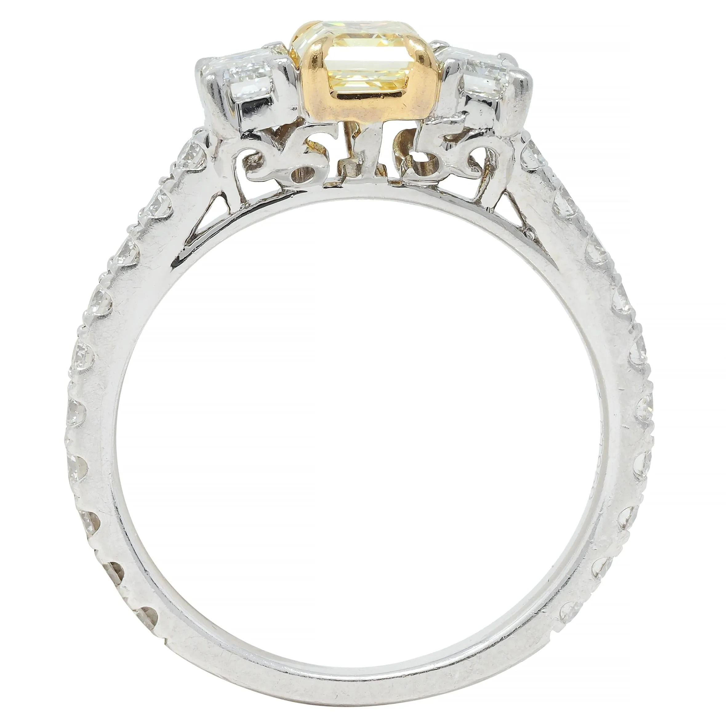 Contemporary 1.61 CTW Fancy Yellow Emerald Cut Diamond Platinum 18 Karat Numerical Engagement Ring