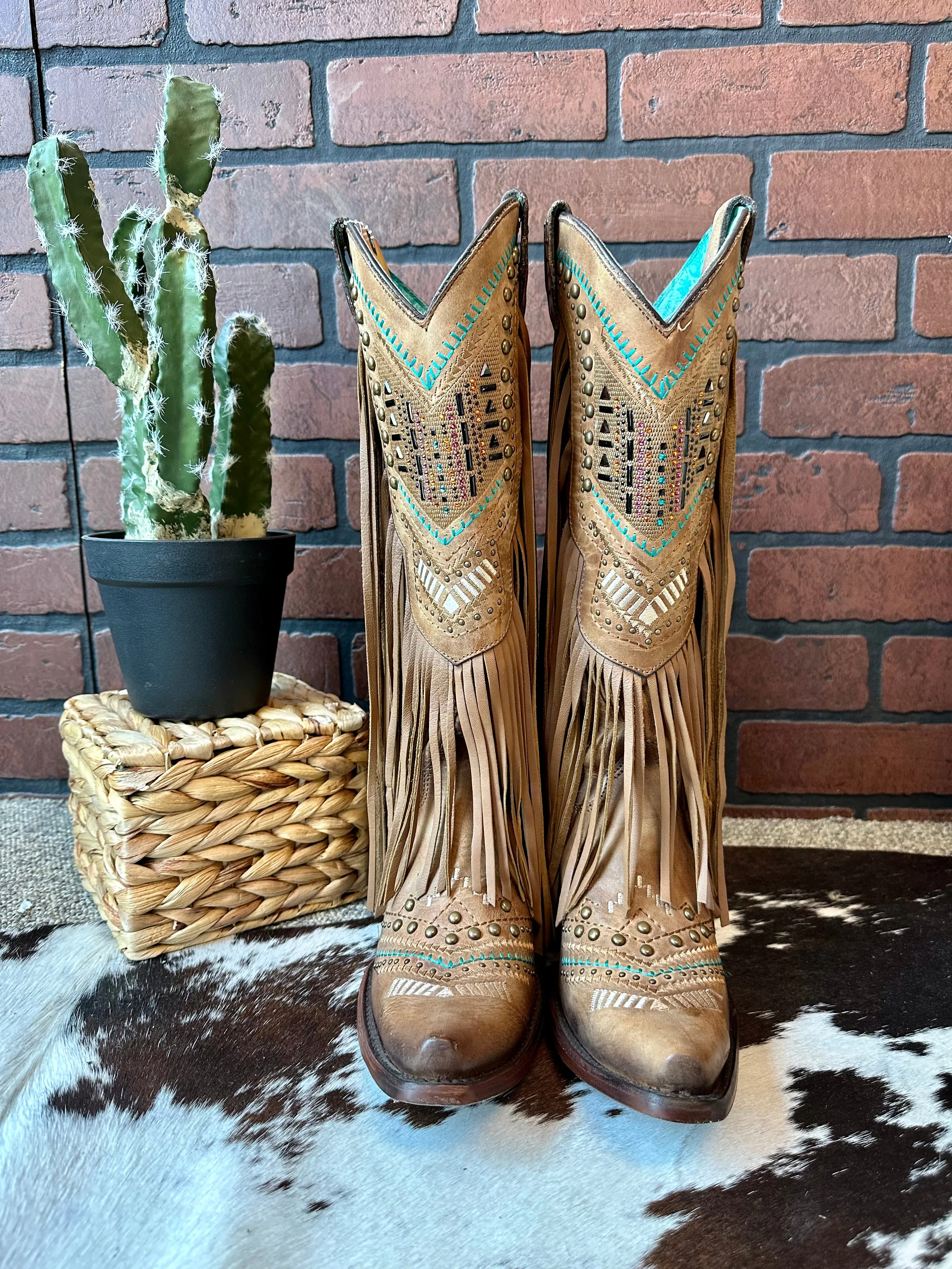 Corral Women's Tan Swarovski Crystals Fringe Tall Snip Toe Cowgirl Boot C2910