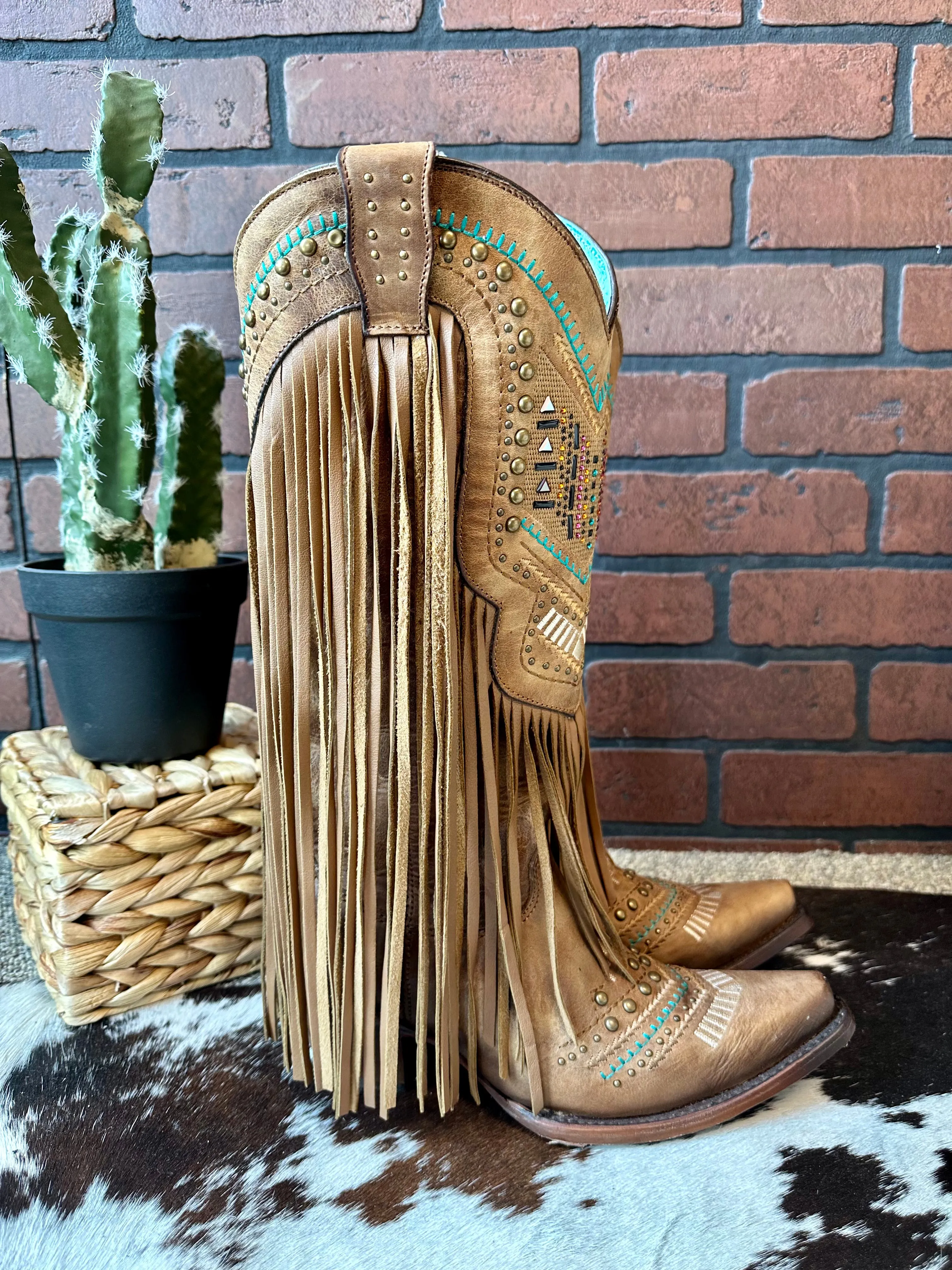 Corral Women's Tan Swarovski Crystals Fringe Tall Snip Toe Cowgirl Boot C2910