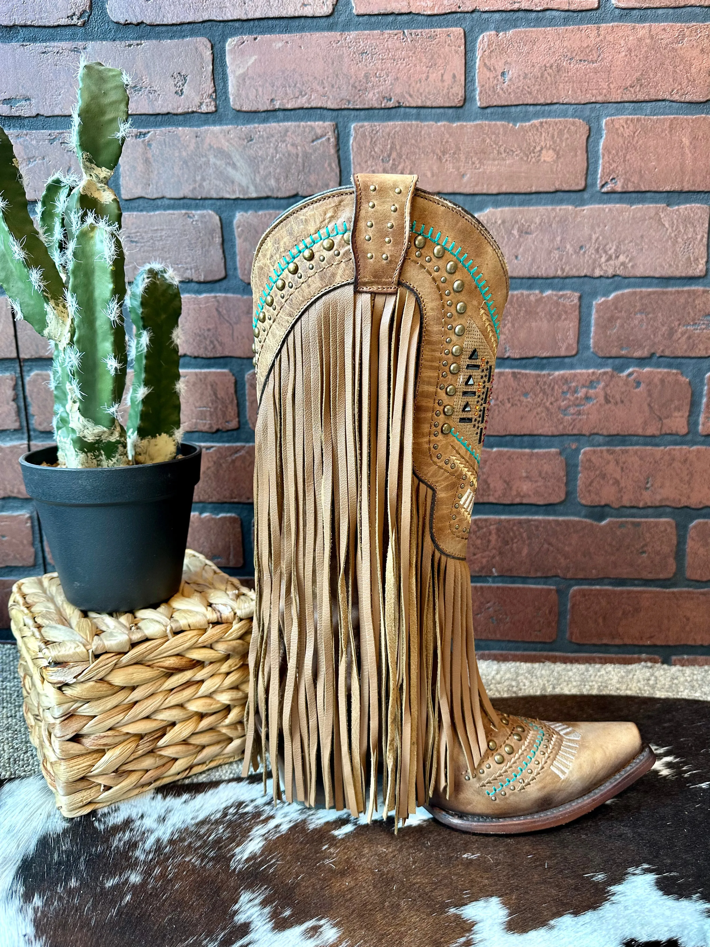 Corral Women's Tan Swarovski Crystals Fringe Tall Snip Toe Cowgirl Boot C2910