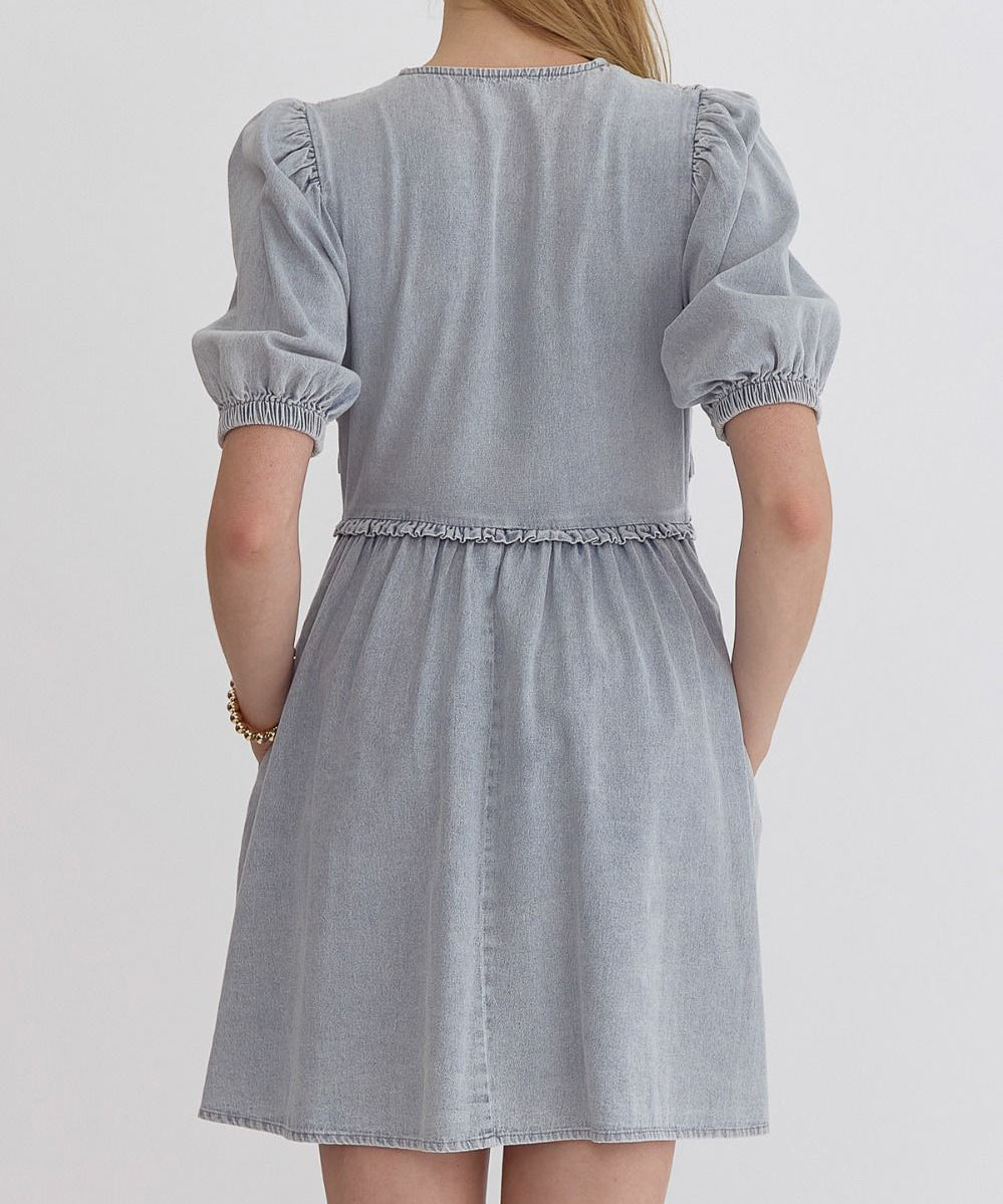 Denim Dress with Short Sleeves - Light Blue