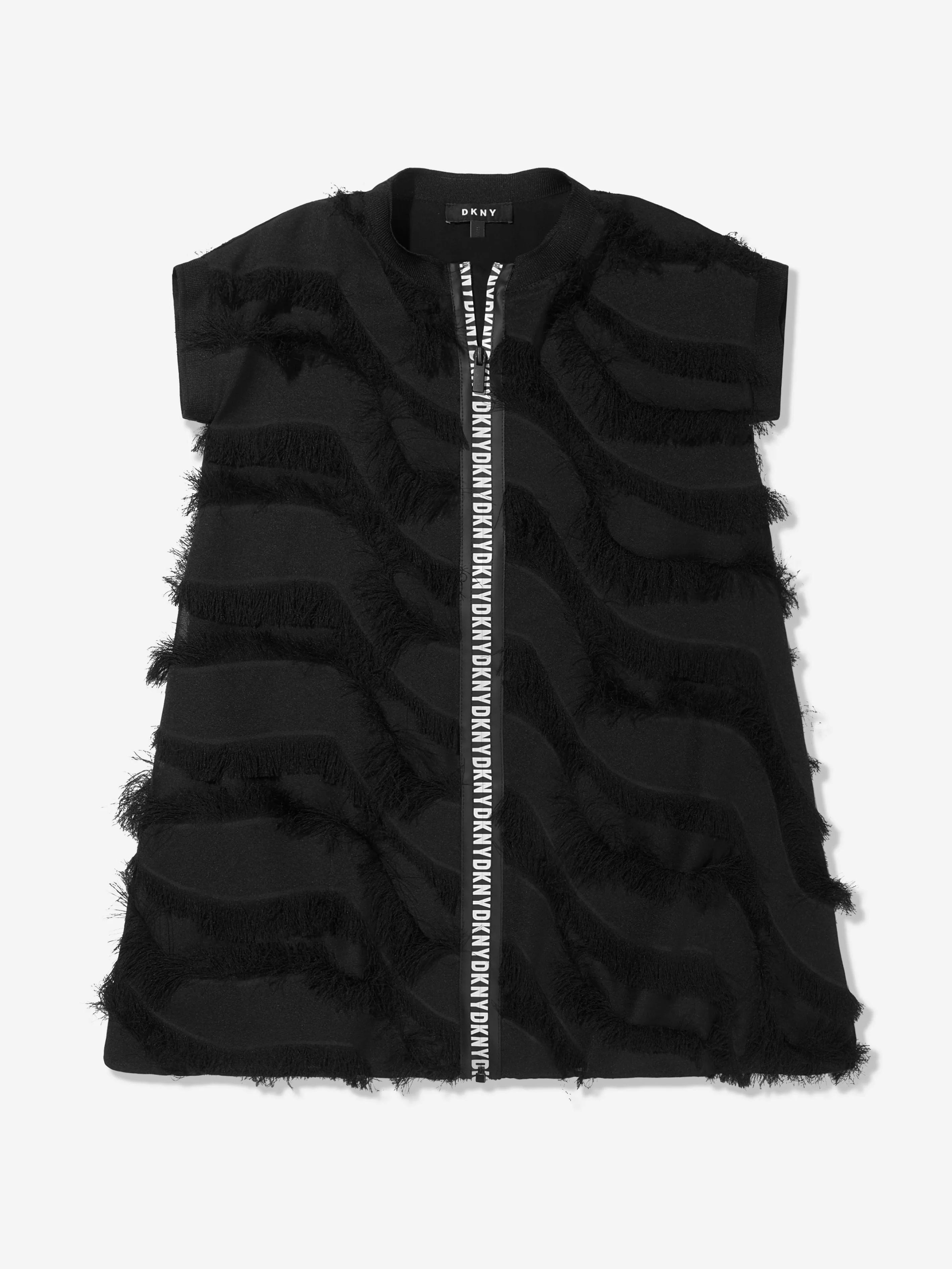 DKNY Girls Fringed Zip Up Dress in Black