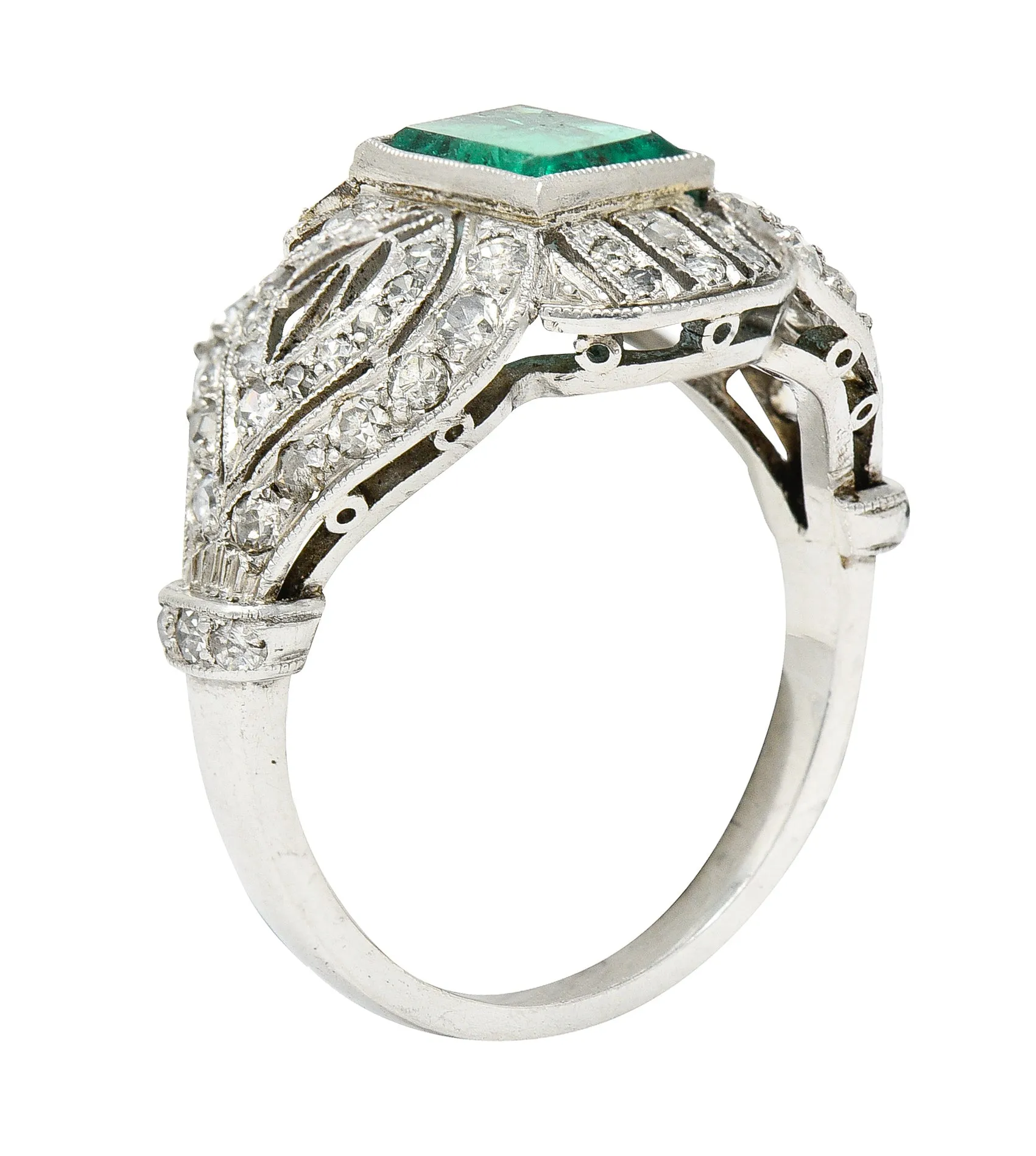 Edwardian 1.80 CTW Emerald Diamond Platinum Dinner Ring