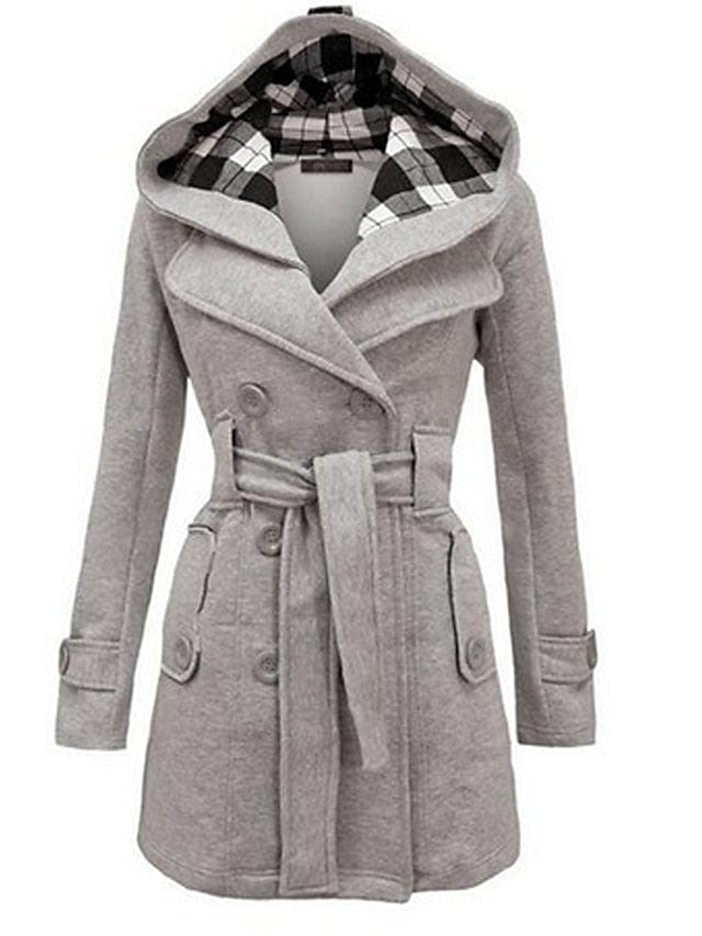 Elegant Black Winter Coat with Plaid Hood and Belt