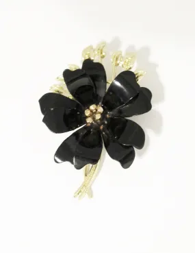 Enchanting Black Enamel and Gold Vintage Flower Brooch by Coro