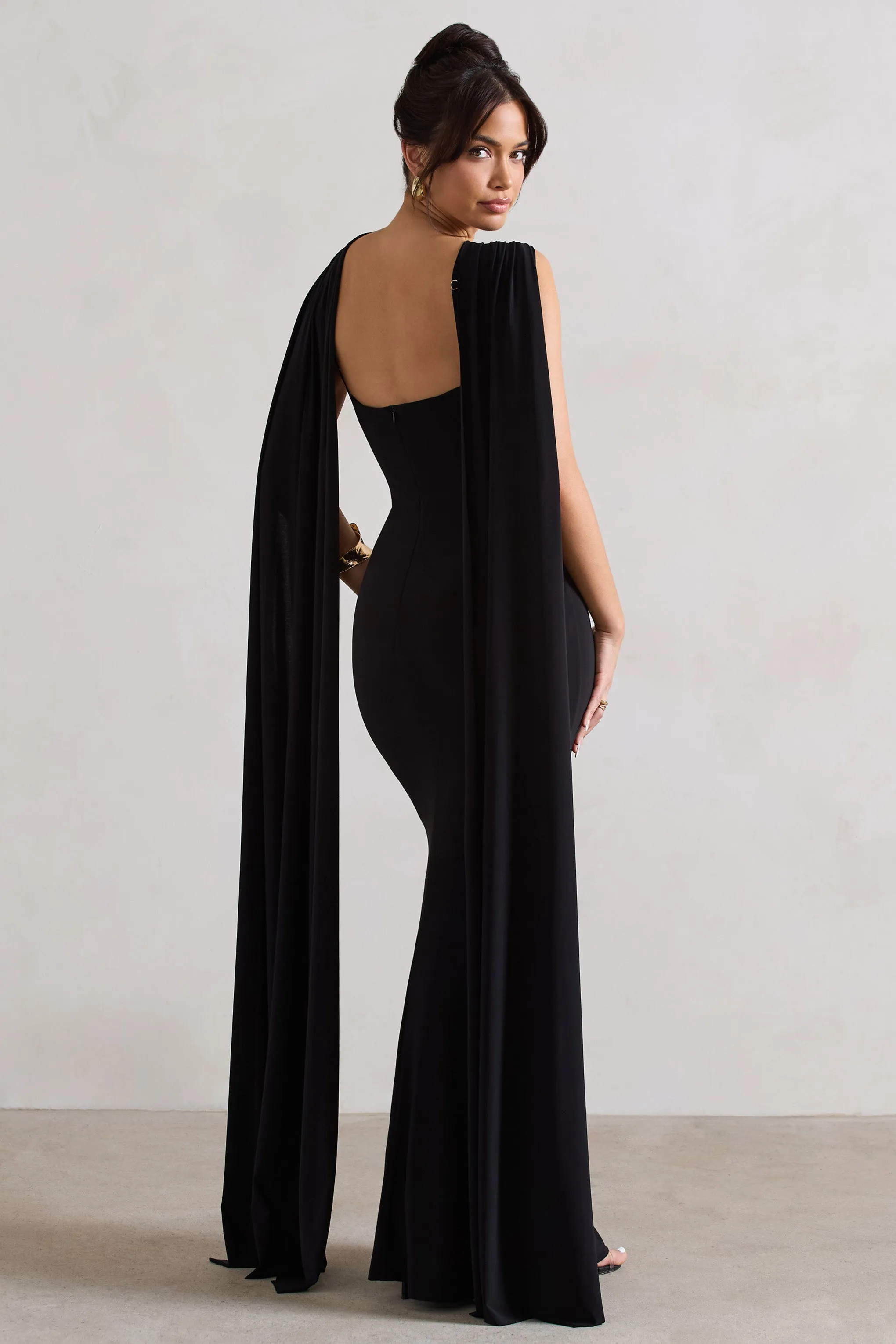 First Glance | Black Twist-Neck Cape Maxi Dress