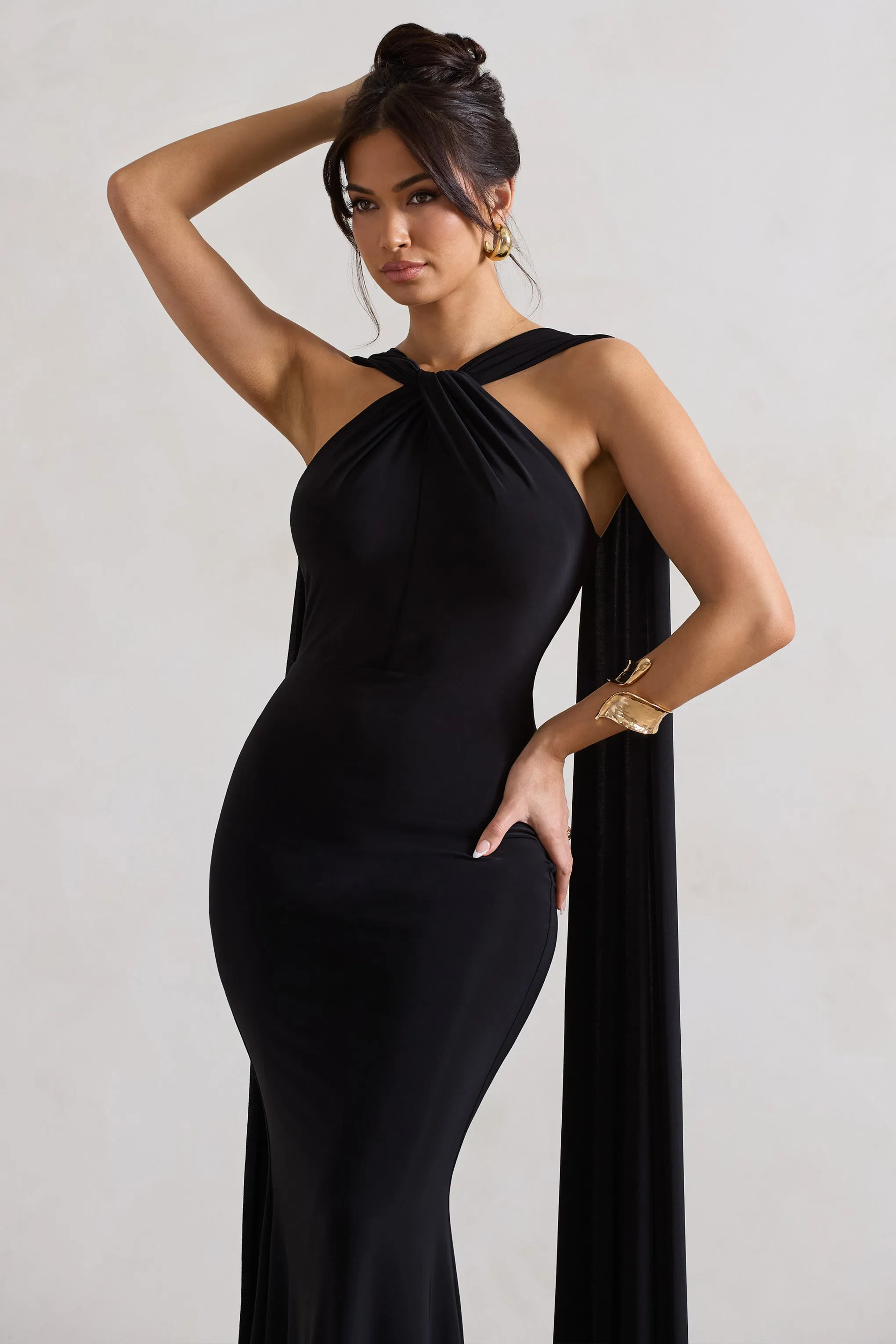 First Glance | Black Twist-Neck Cape Maxi Dress