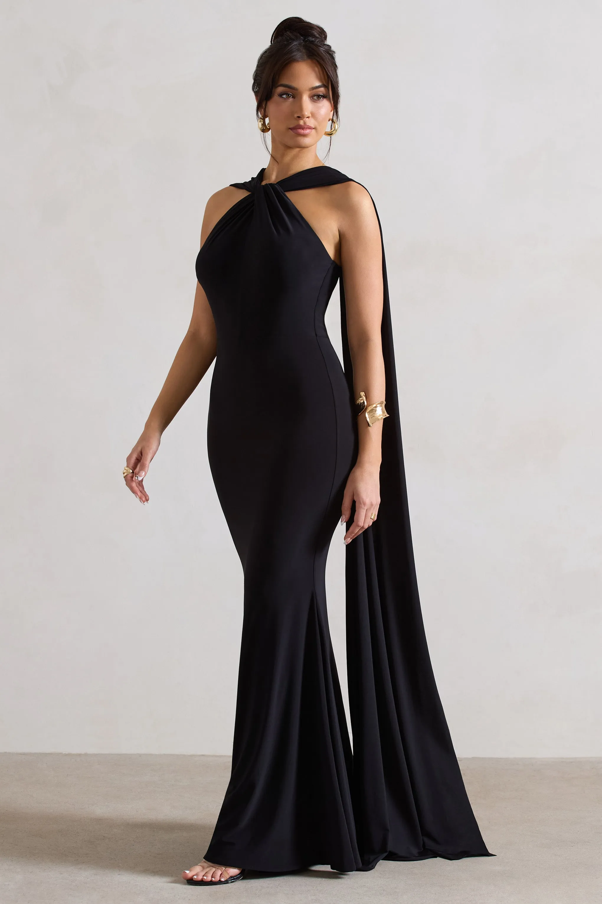 First Glance | Black Twist-Neck Cape Maxi Dress