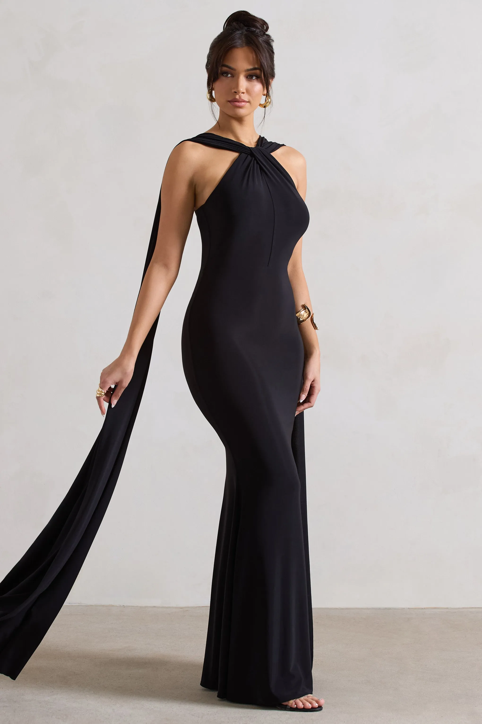 First Glance | Black Twist-Neck Cape Maxi Dress