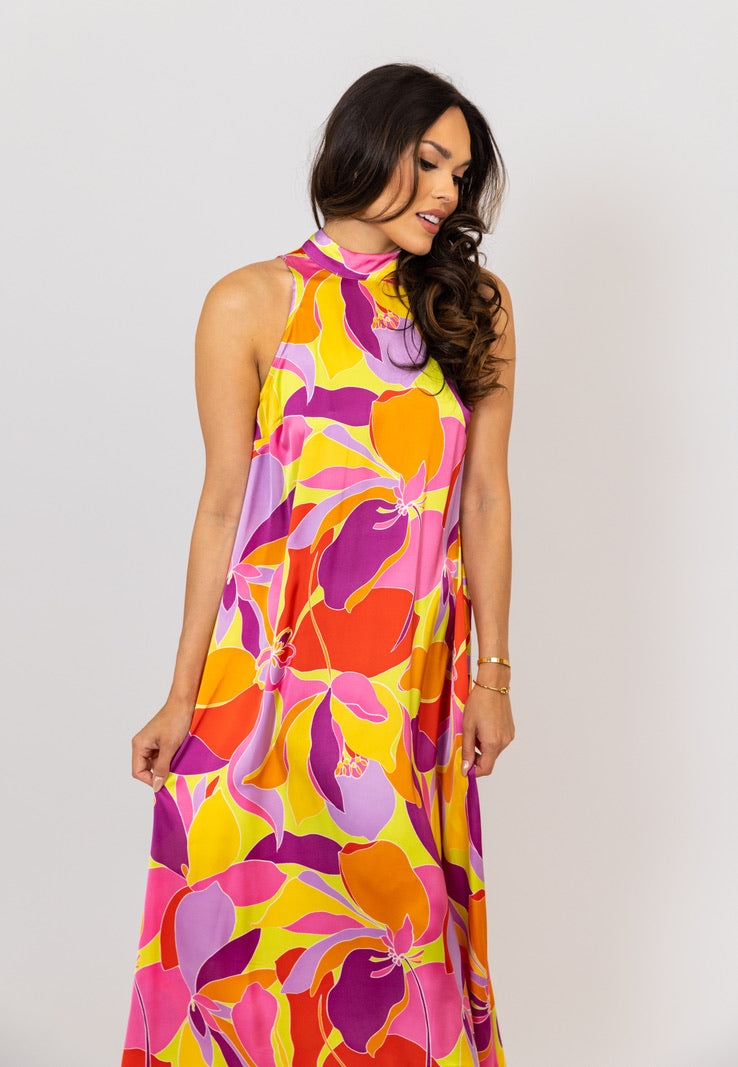 Floral Satin Mock Halter Maxi