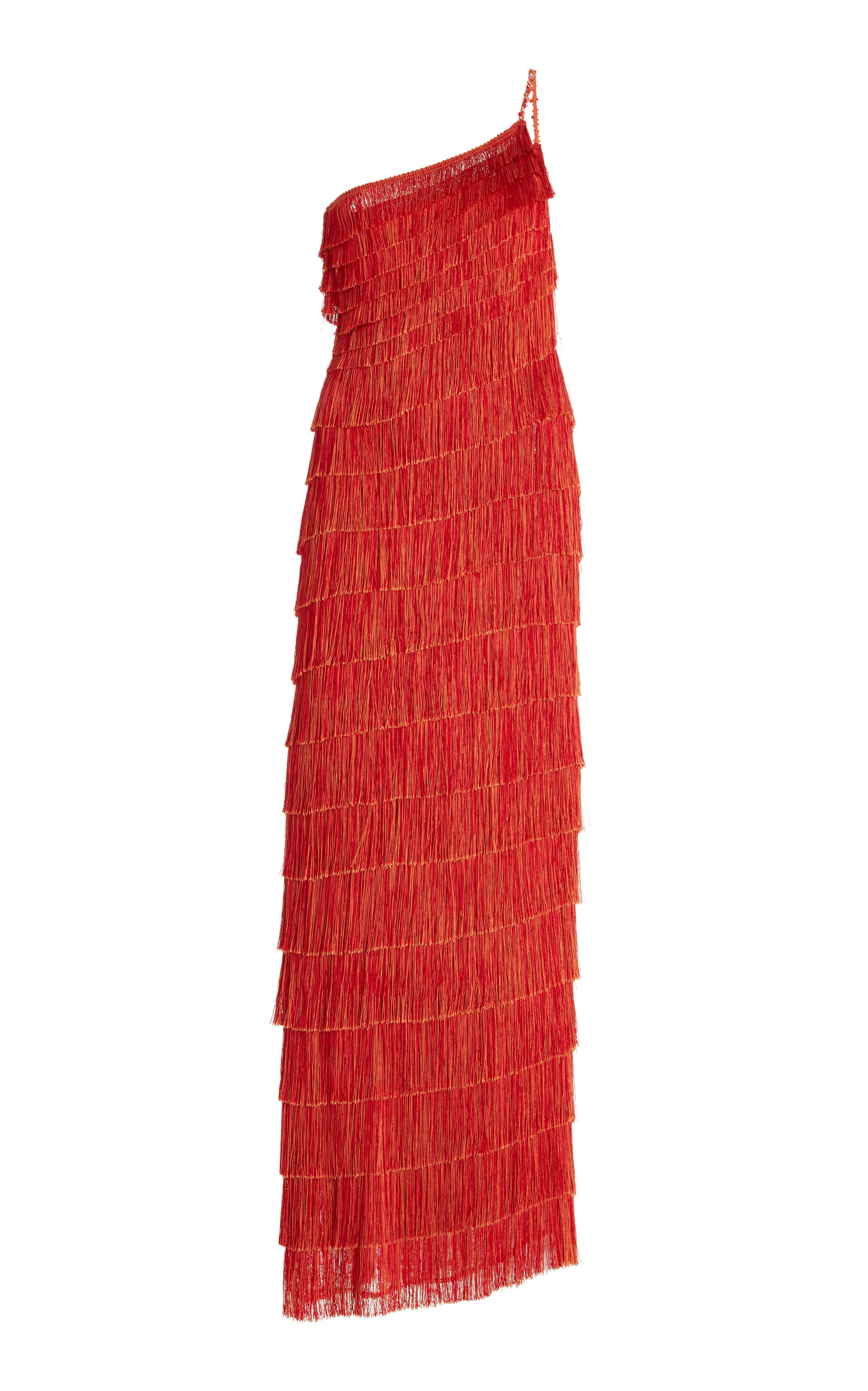 Francesca Miranda Exclusive One-Shoulder Fringed Silk-Blend Maxi Dress