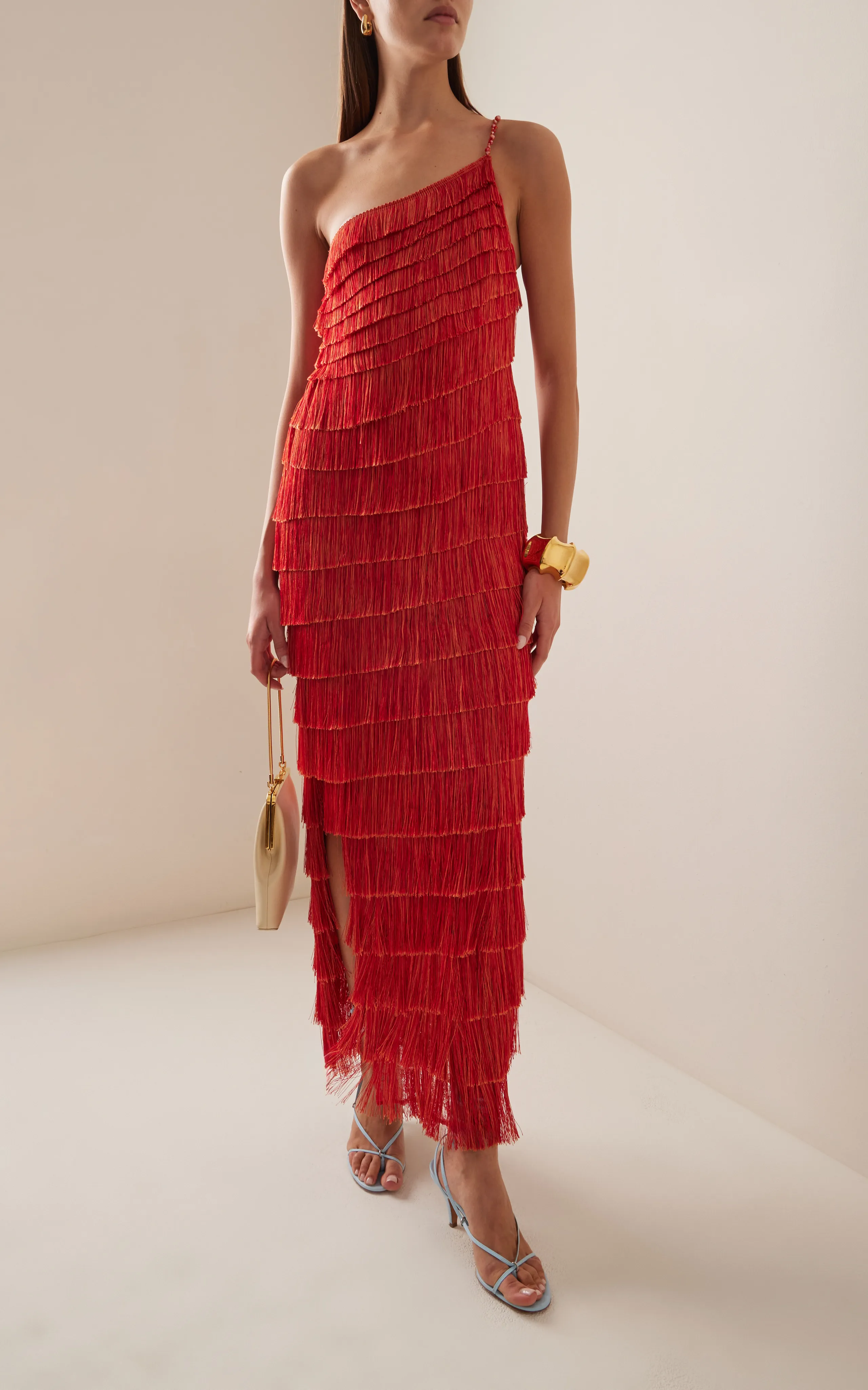 Francesca Miranda Exclusive One-Shoulder Fringed Silk-Blend Maxi Dress