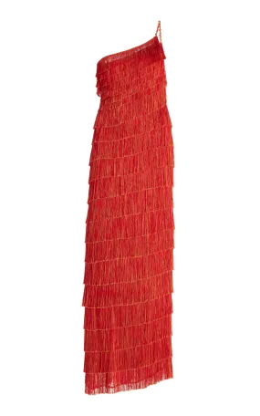 Francesca Miranda Exclusive One-Shoulder Fringed Silk-Blend Maxi Dress