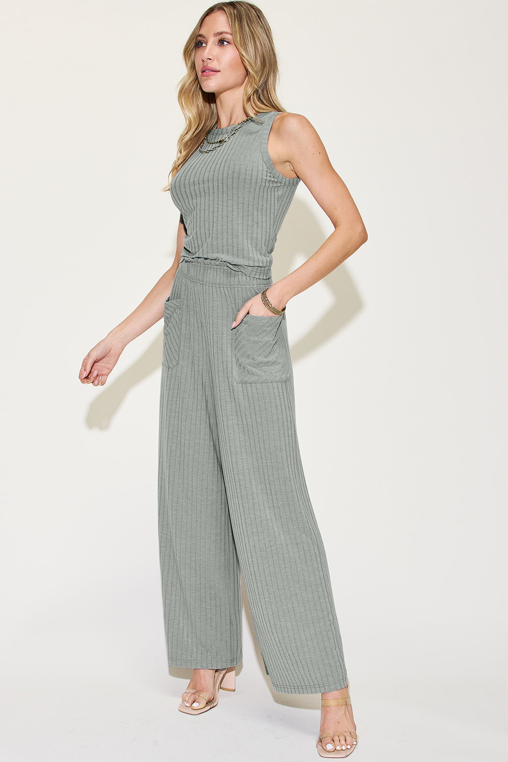 Full Size Ribbed Tank and Wide Leg Pants Set