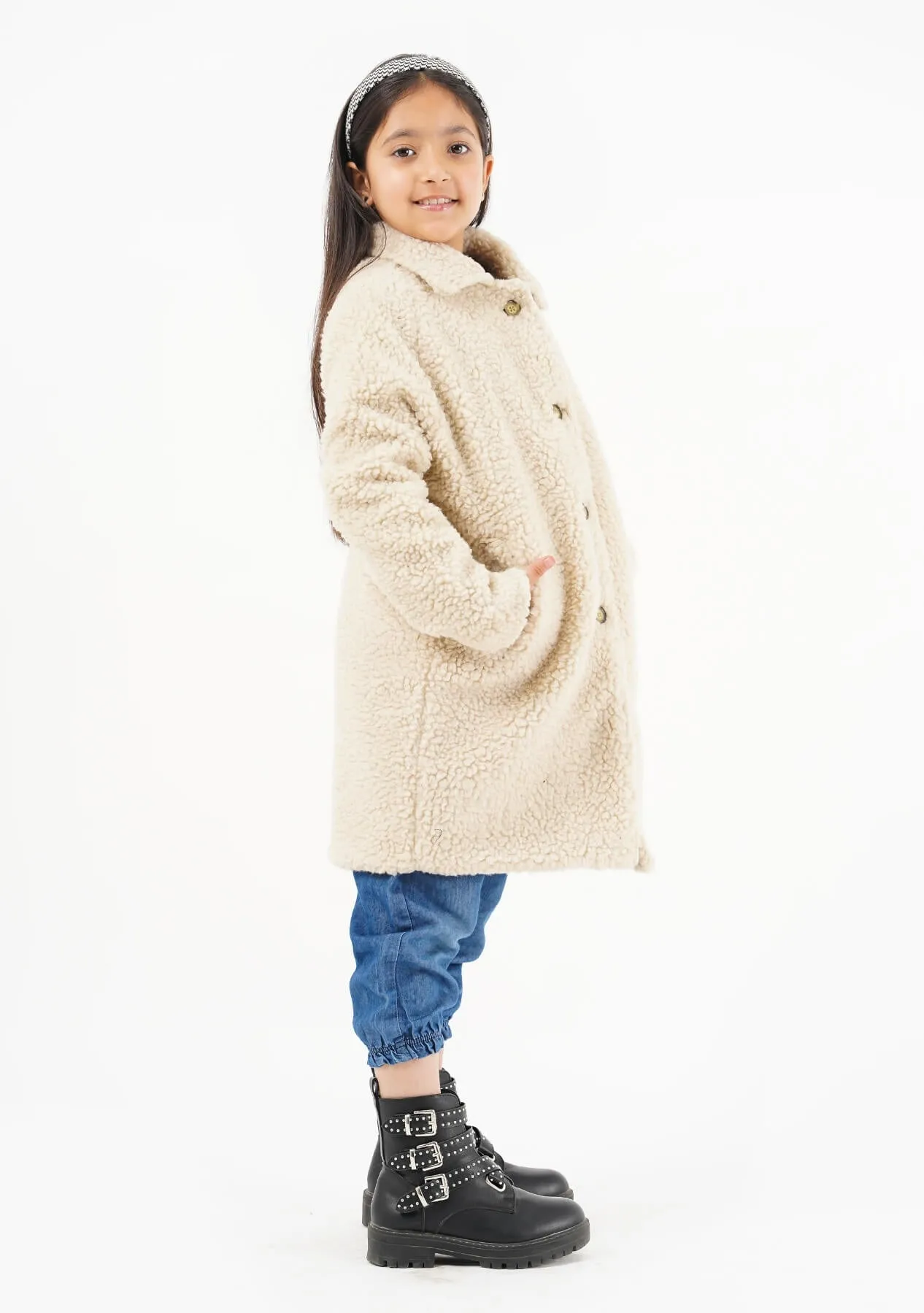 Girls Sherpa Long Coat - Beige