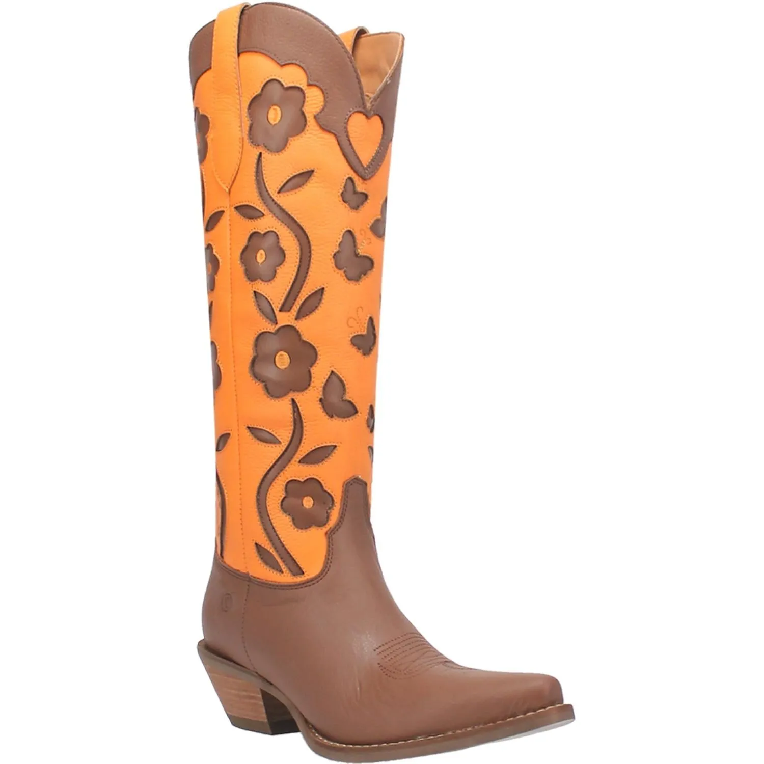 Goodness Gracious Brown/Orange Retro Floral & Butterfly Leather Knee High Boots (DS)