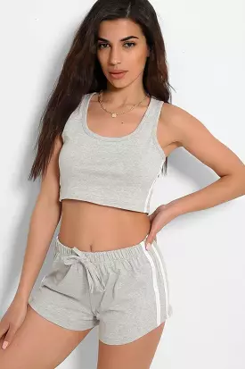 Grey Double White Stripe Crop Top Hot Pants Set