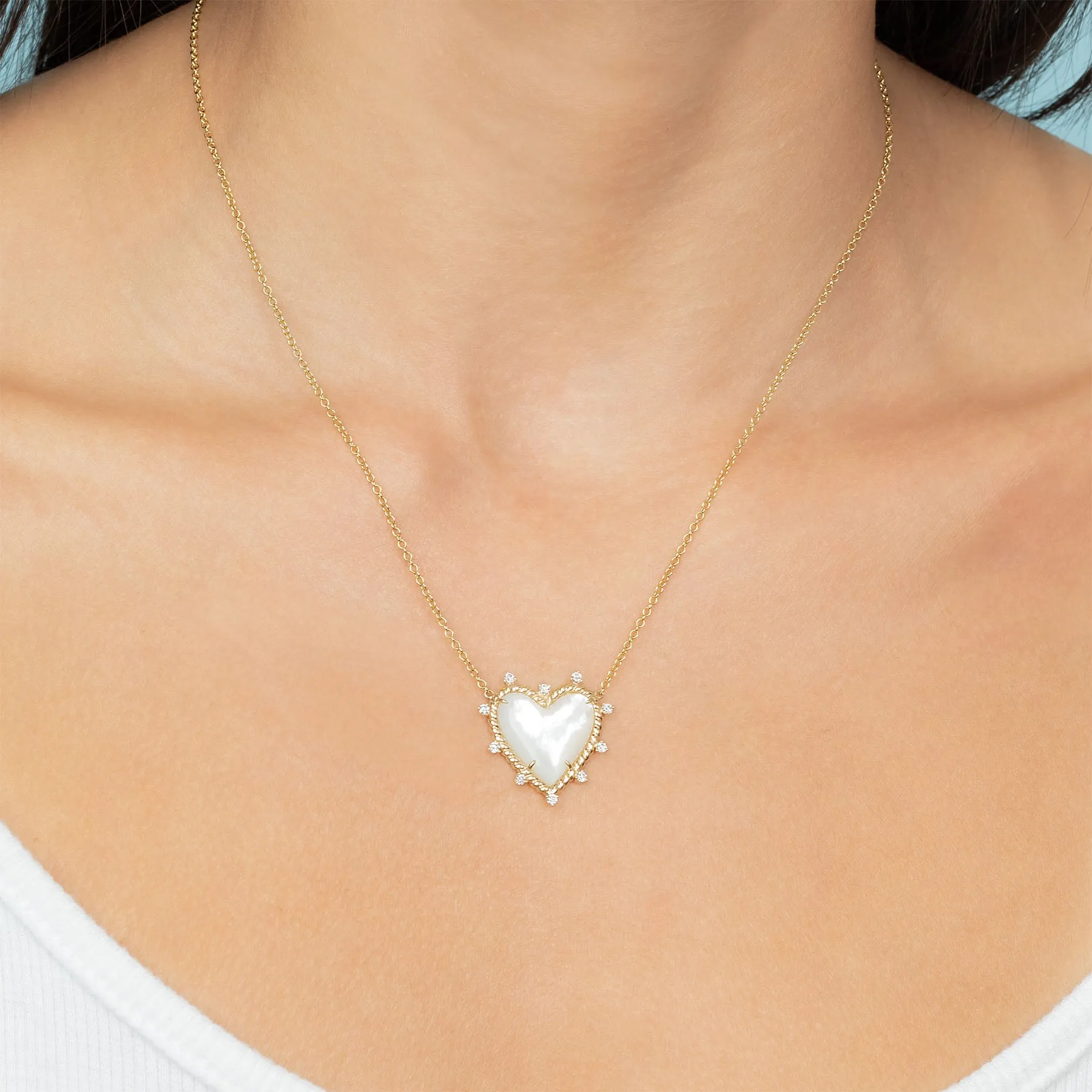 Heart Twist Necklace - White Diamond and Mother of Pearl / 14k Yellow Gold