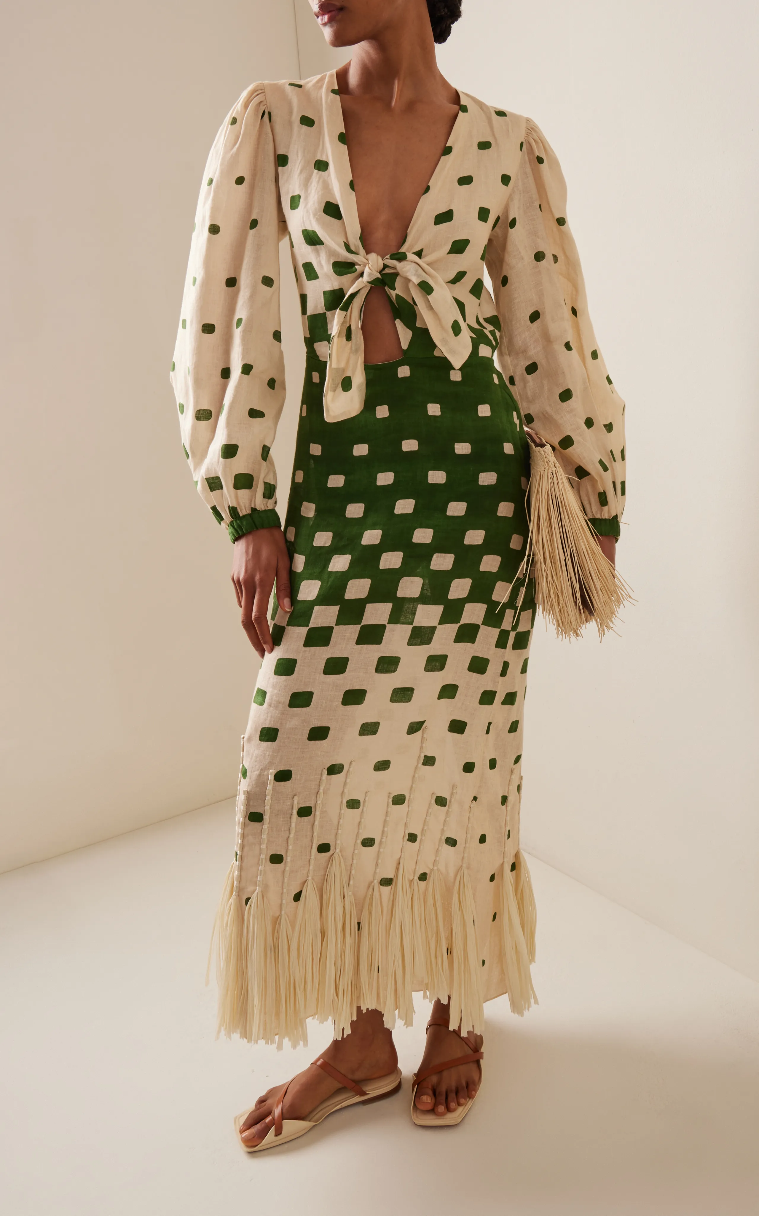 Johanna Ortiz Pradera Geométrica Fringed Linen Midi Dress