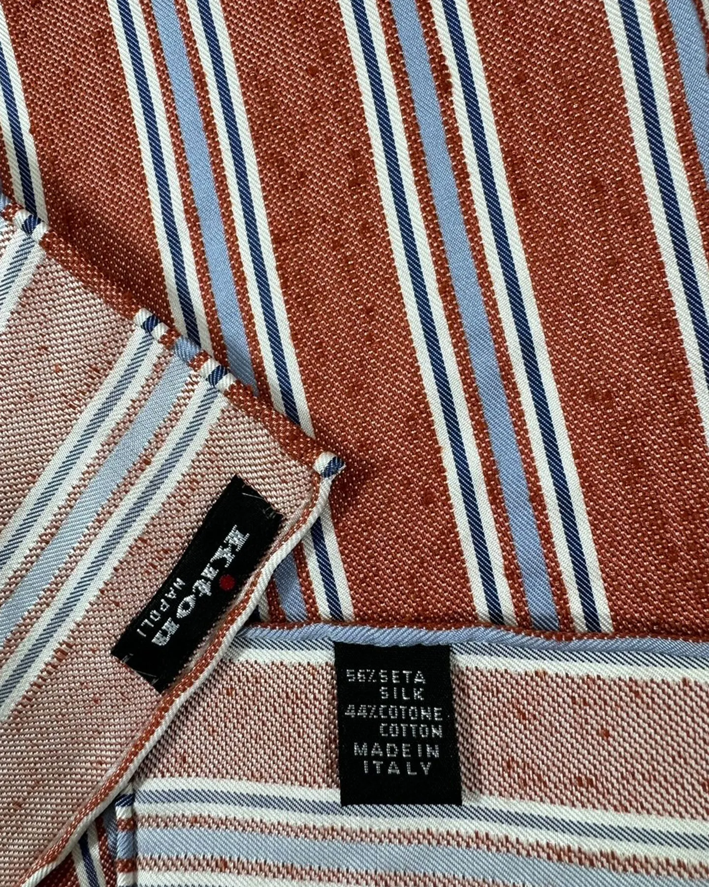 Kiton Silk Cotton Pocket Square Maroon Blue Stripes FINAL SALE