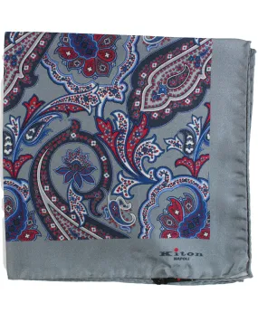 Kiton Silk Pocket Square Gray Dark Blue Cranberry Paisley