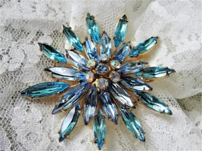 LOVELY Huge Layered Art Glass Rhinestone Brooch Pin,Floral Design,Aqua Blue,Blue and Aurora Borealis Stones, Mid Century,Collect