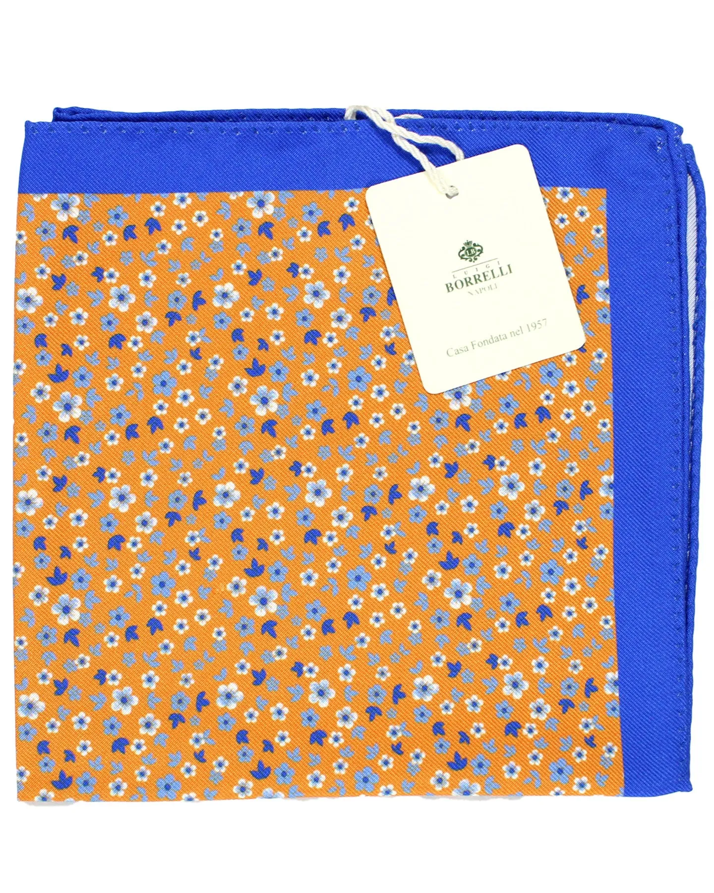 Luigi Borrelli Silk Pocket Square Orange Royal Blue Mini Floral SALE