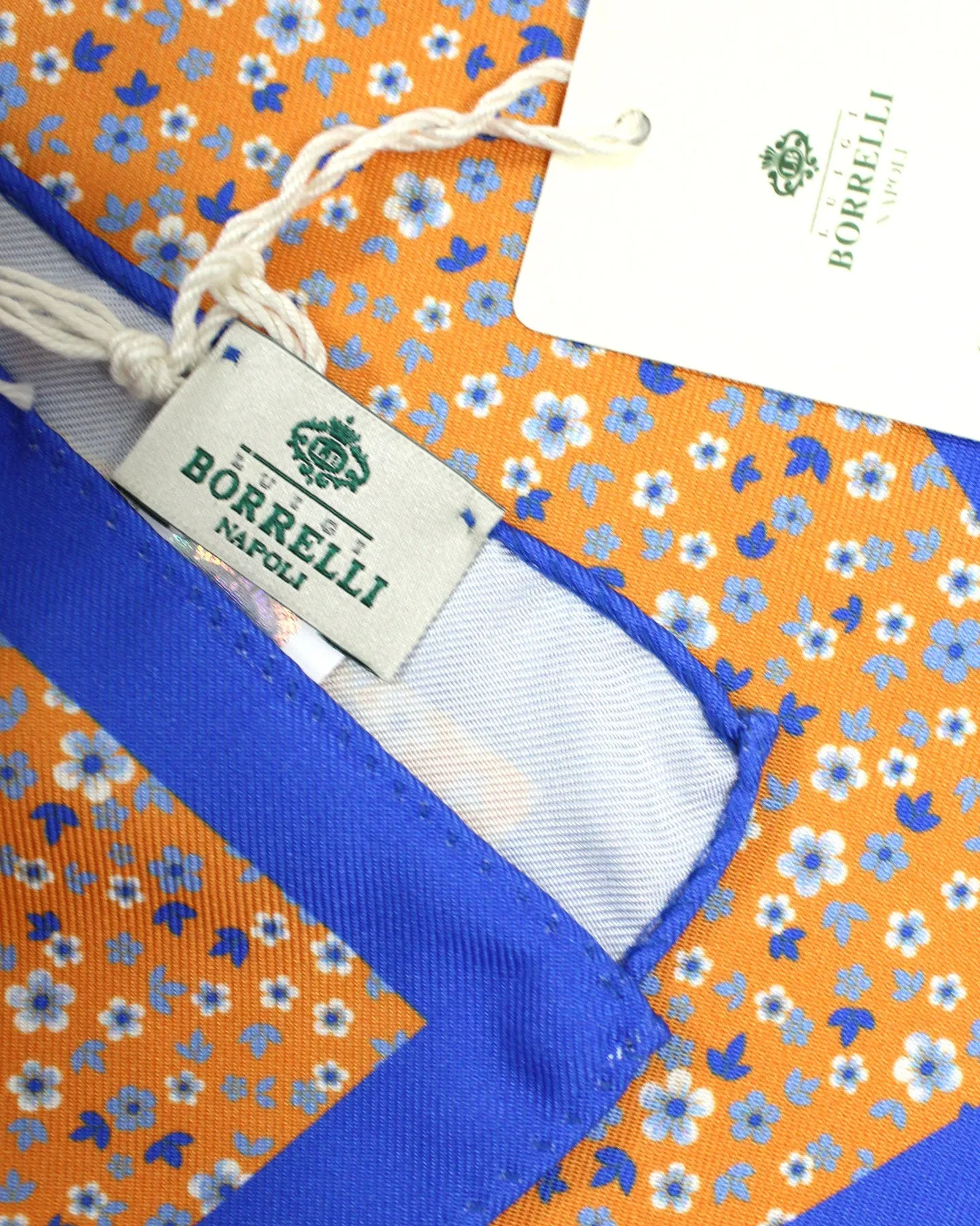 Luigi Borrelli Silk Pocket Square Orange Royal Blue Mini Floral SALE