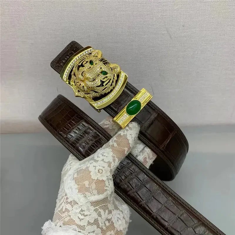 Men's Genuine Leather Strap Green Diamond Tiger Buckle Waist Belt