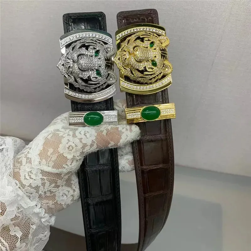 Men's Genuine Leather Strap Green Diamond Tiger Buckle Waist Belt