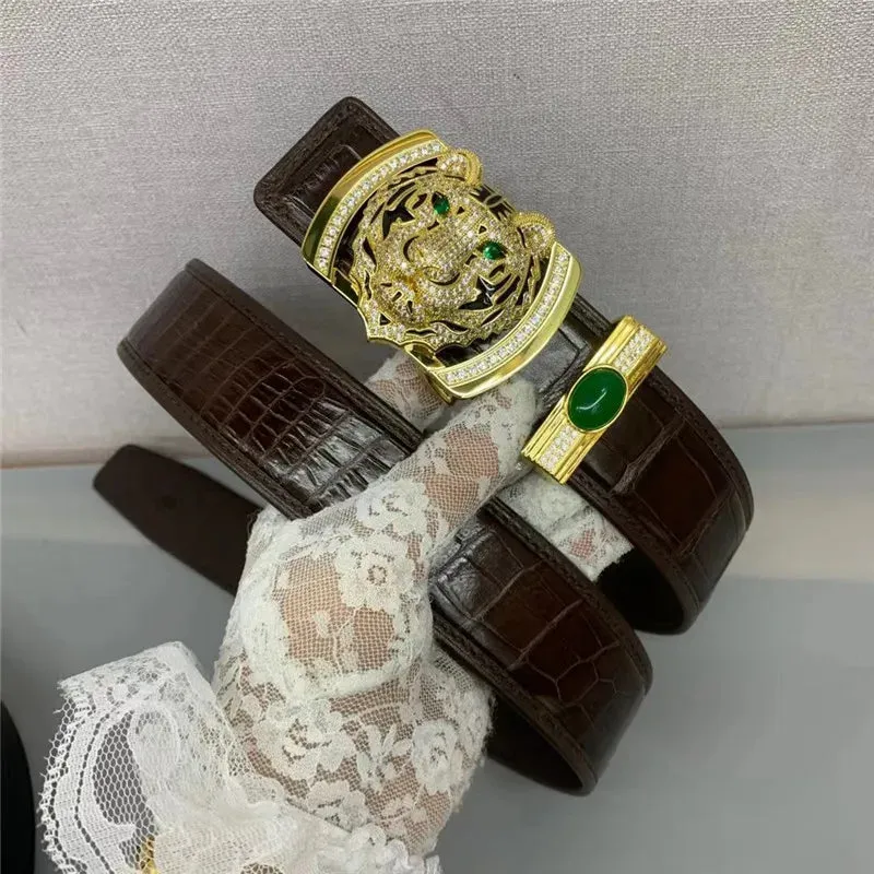 Men's Genuine Leather Strap Green Diamond Tiger Buckle Waist Belt