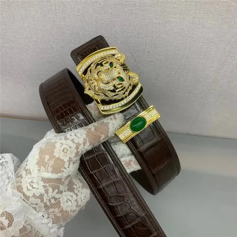 Men's Genuine Leather Strap Green Diamond Tiger Buckle Waist Belt