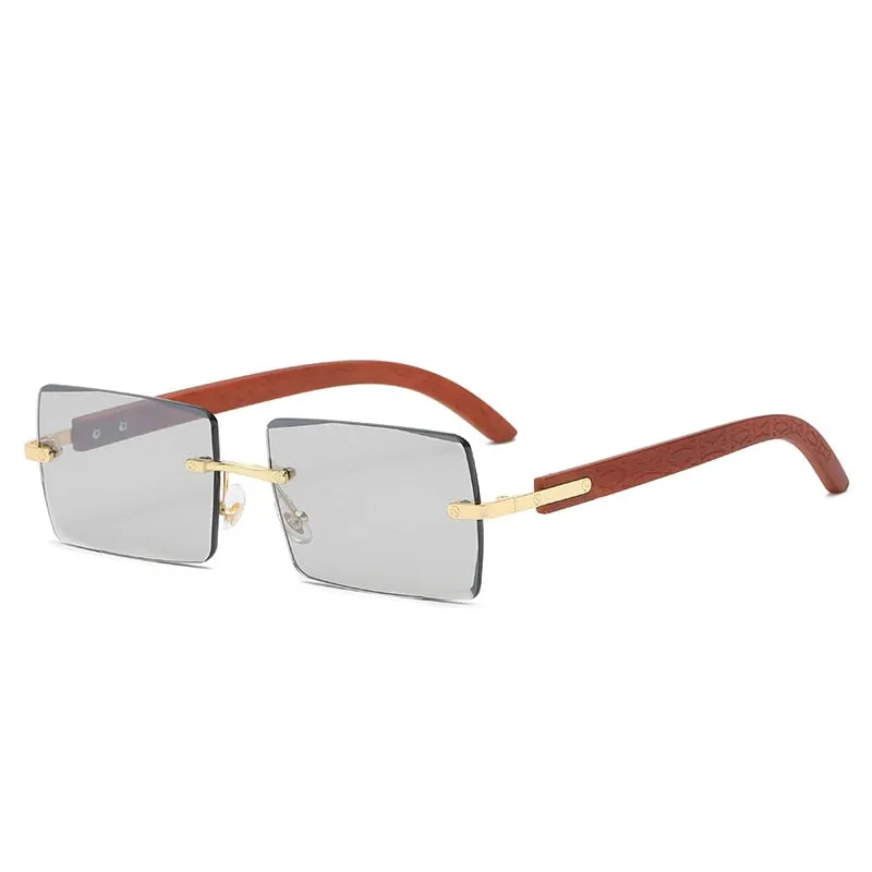 Men's UV400 Rectangle Rimless Wood Printing Gradient Sunglasses