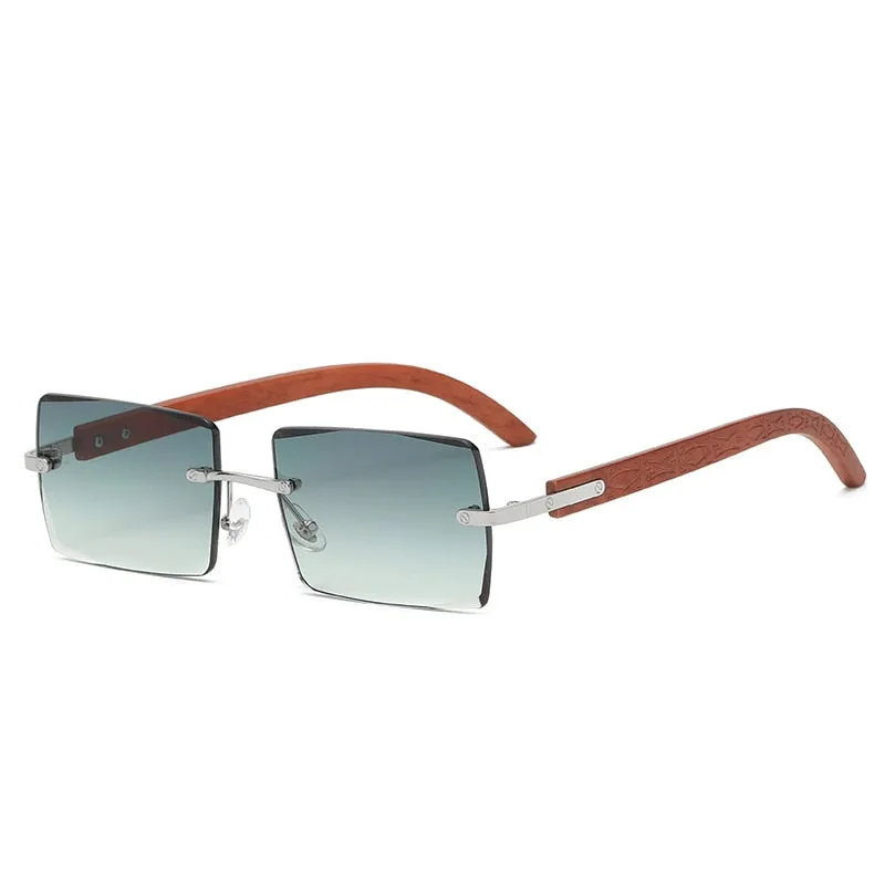 Men's UV400 Rectangle Rimless Wood Printing Gradient Sunglasses