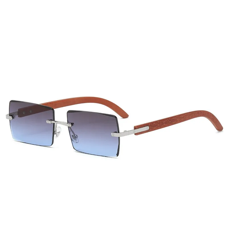 Men's UV400 Rectangle Rimless Wood Printing Gradient Sunglasses