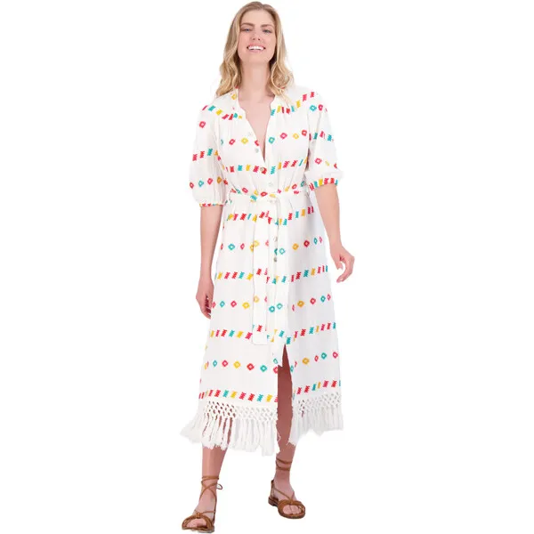 Mer St. Barth Women's Estelle Embroidered Fringed Shirt Dress, White