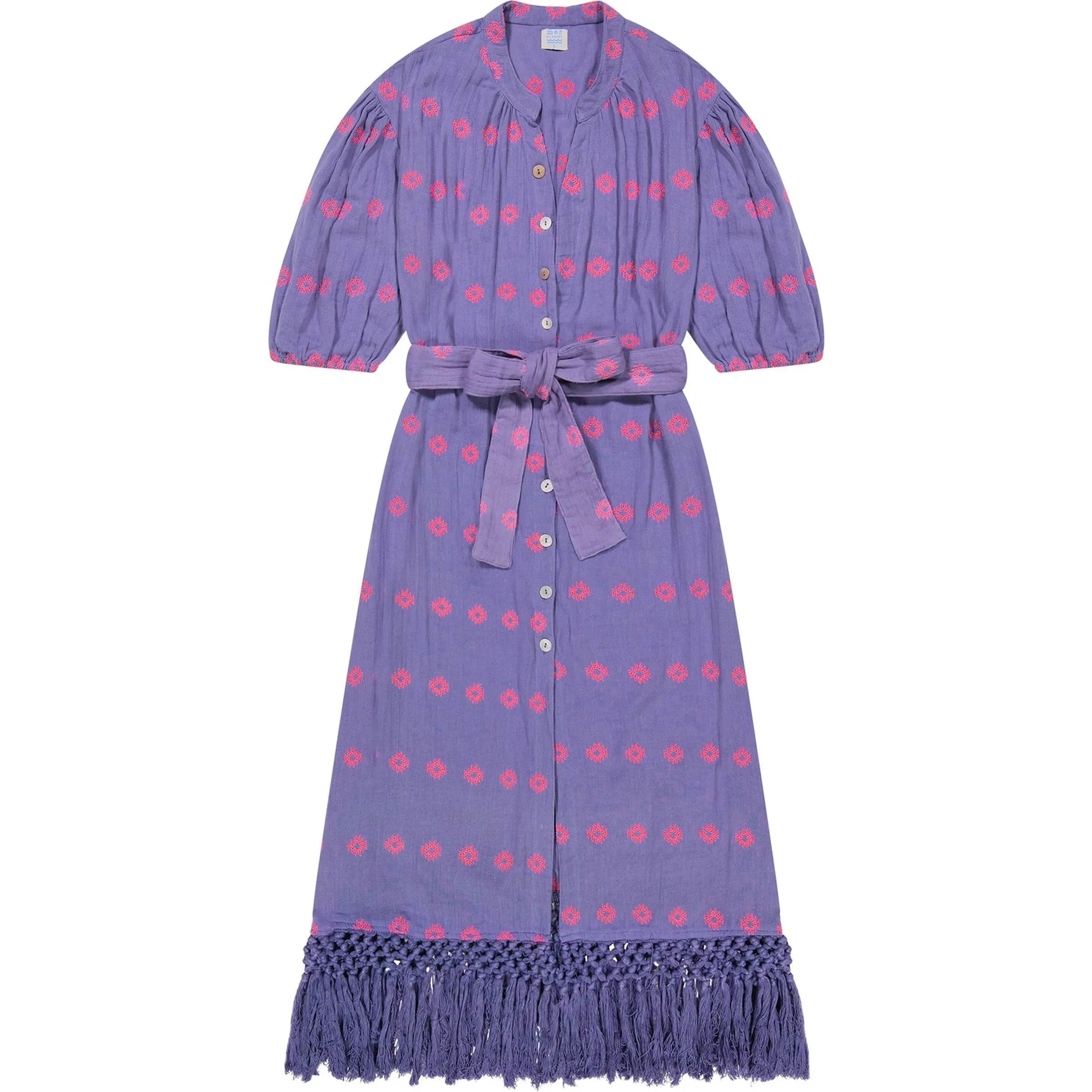 Mer St. Barth Women's Estelle Periwinkle Embroidered Fringed Shirt Dress, Multicolors