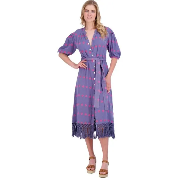 Mer St. Barth Women's Estelle Periwinkle Embroidered Fringed Shirt Dress, Multicolors