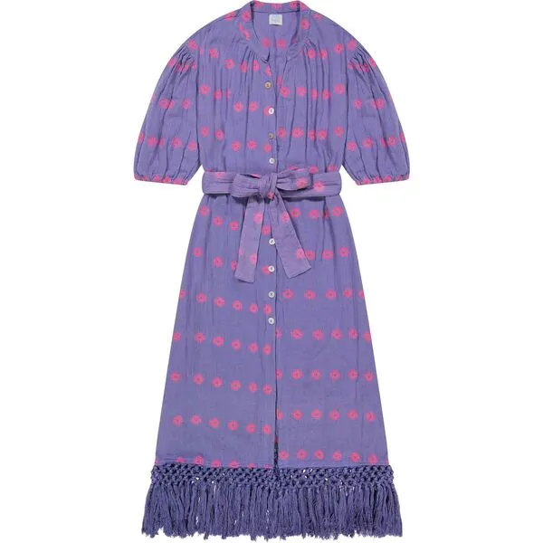 Mer St. Barth Women's Estelle Periwinkle Embroidered Fringed Shirt Dress, Multicolors