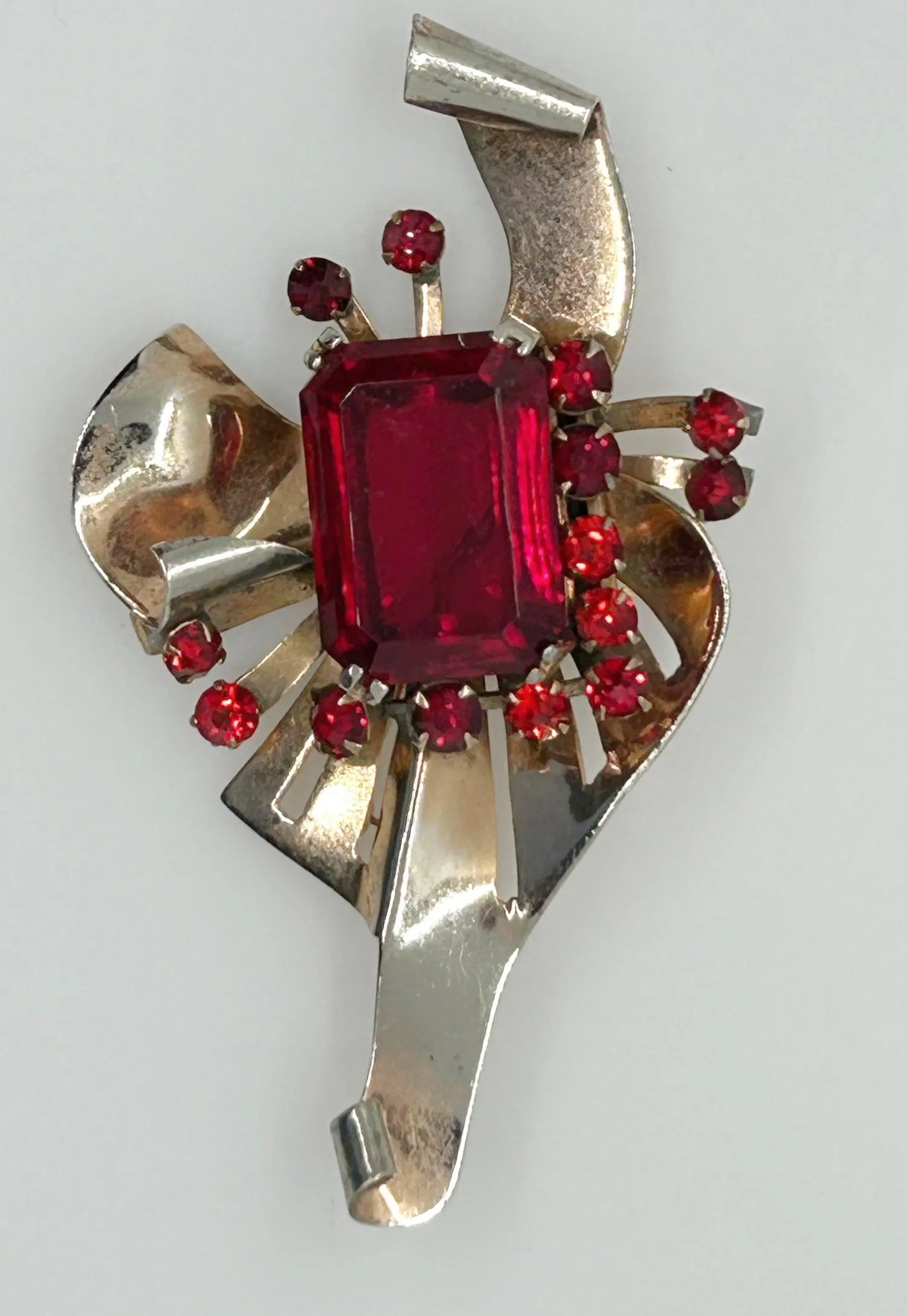 Mid Century Sterling Brooch with Vivid Red Stones