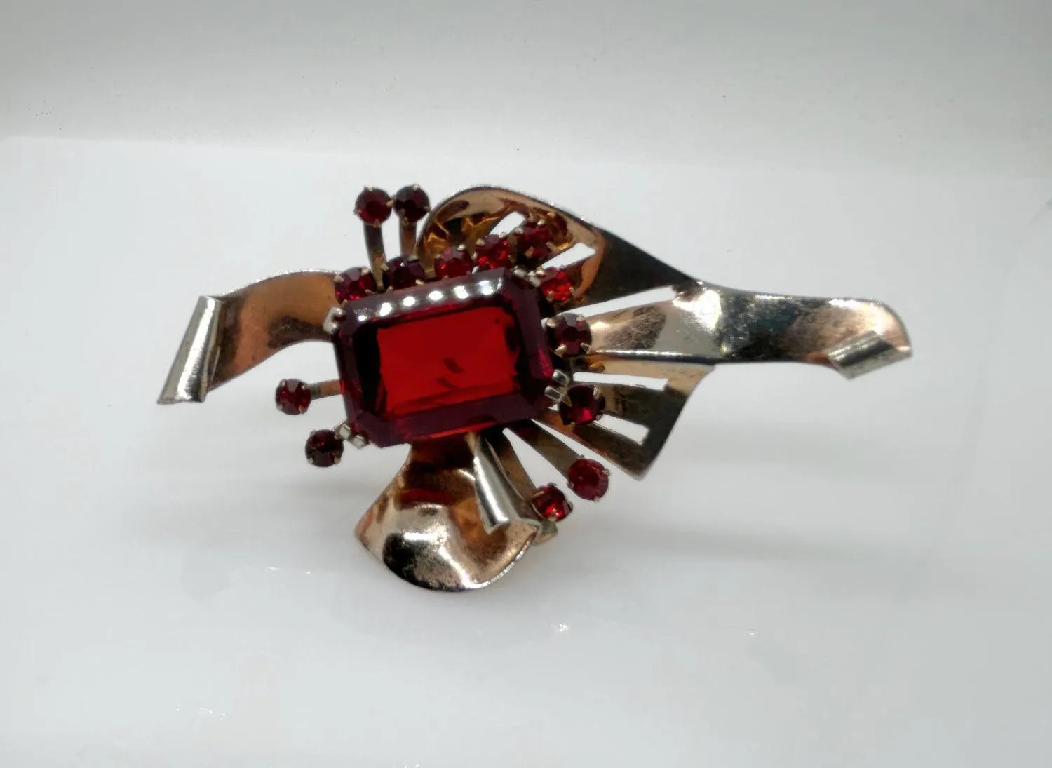 Mid Century Sterling Brooch with Vivid Red Stones