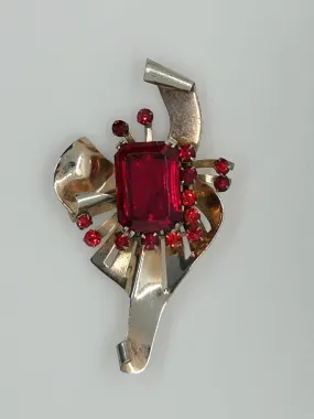 Mid Century Sterling Brooch with Vivid Red Stones