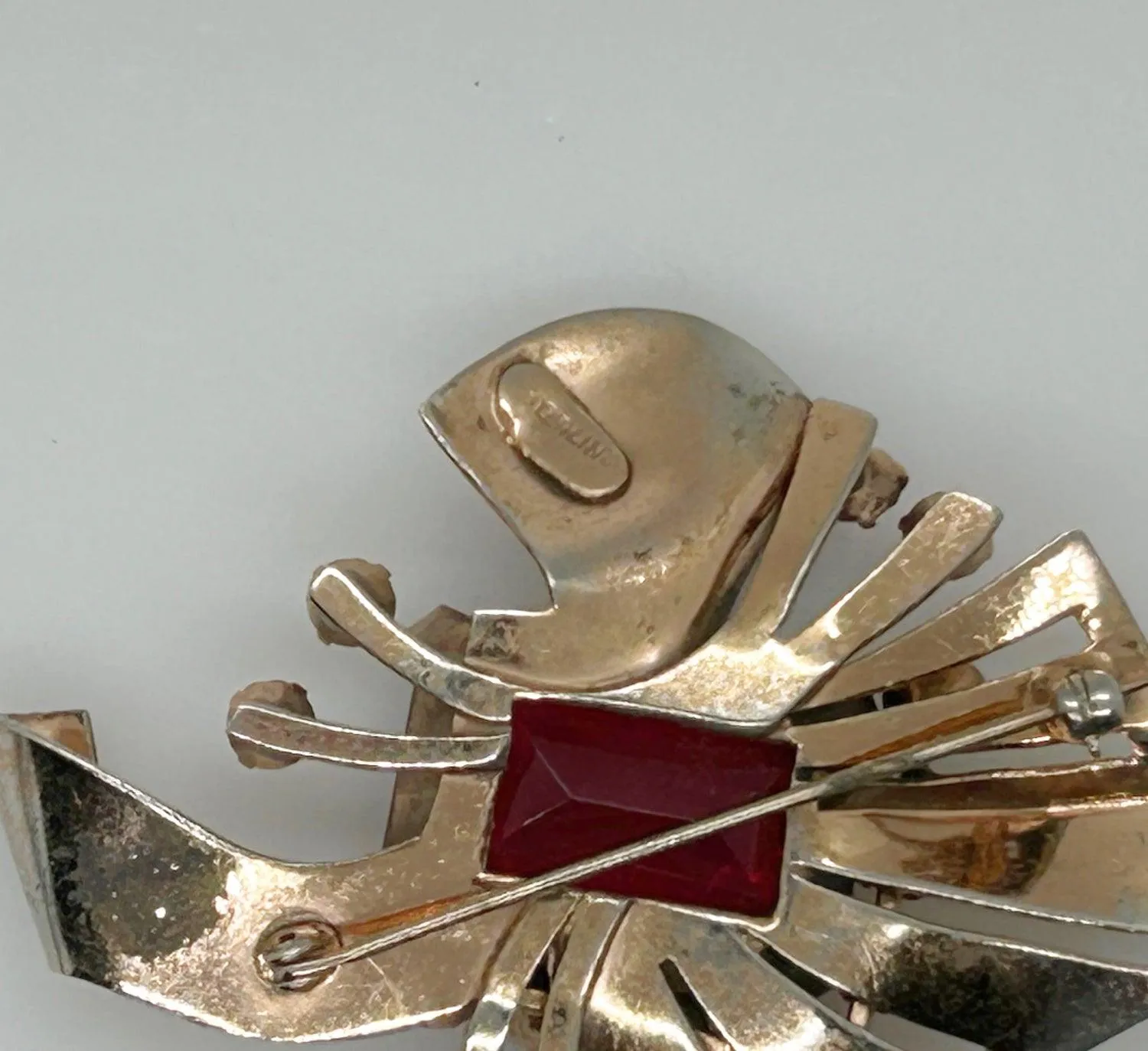 Mid Century Sterling Brooch with Vivid Red Stones