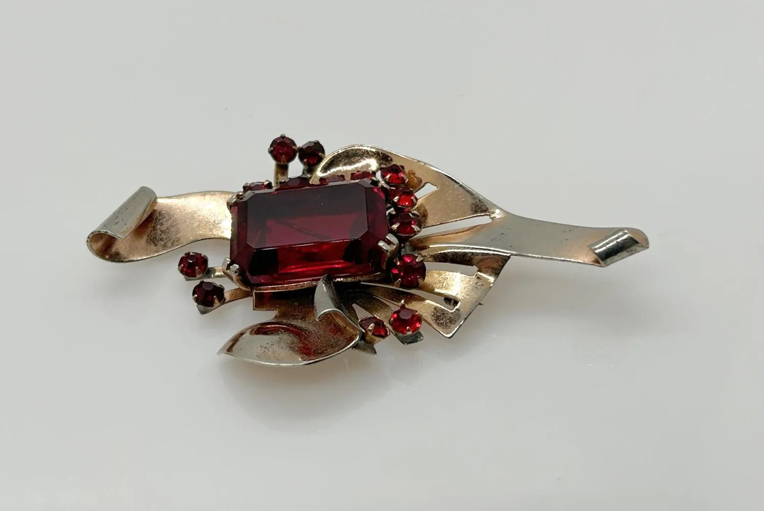 Mid Century Sterling Brooch with Vivid Red Stones