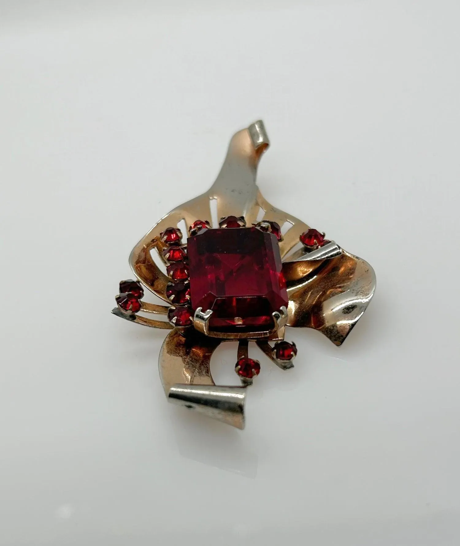 Mid Century Sterling Brooch with Vivid Red Stones