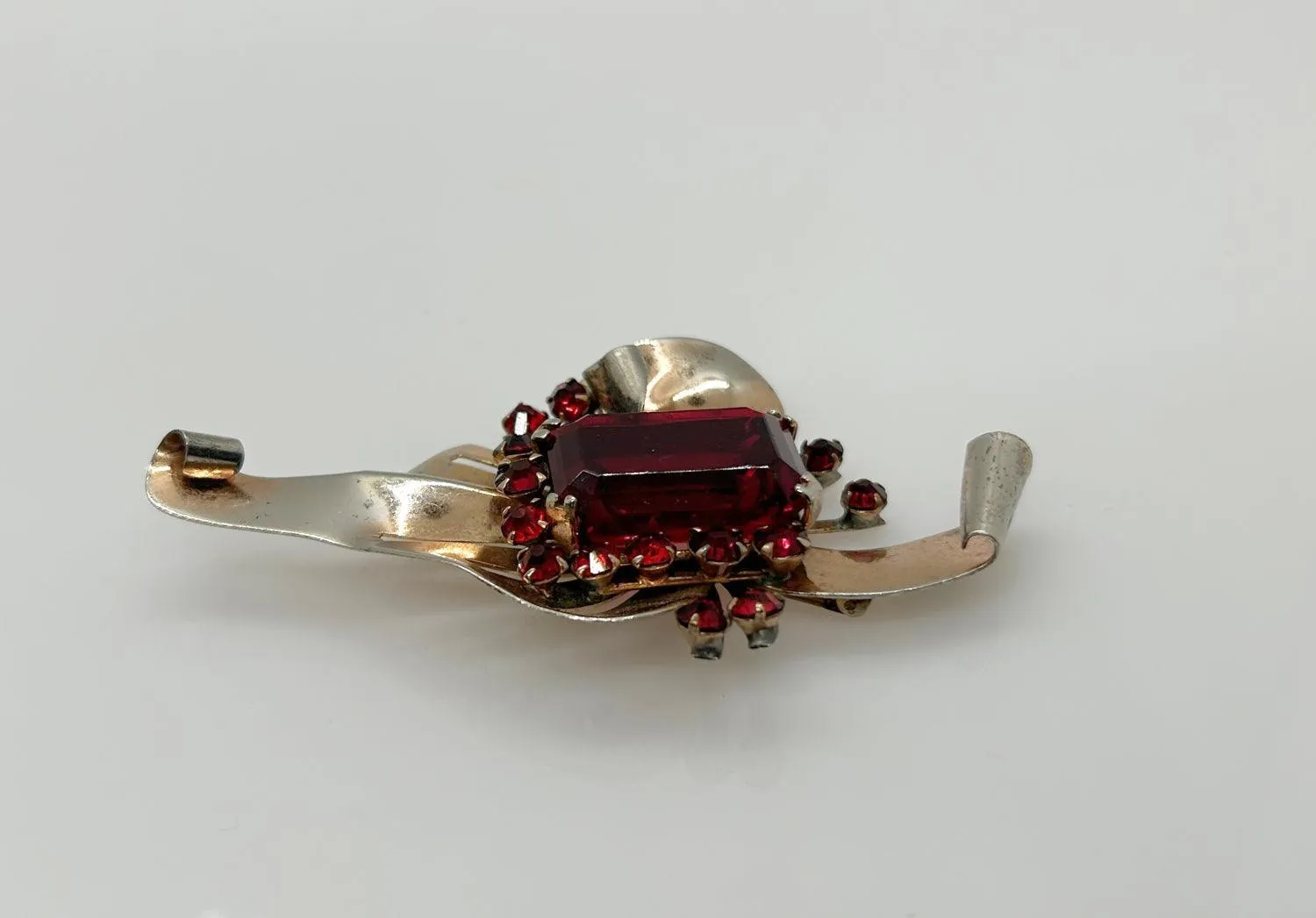 Mid Century Sterling Brooch with Vivid Red Stones