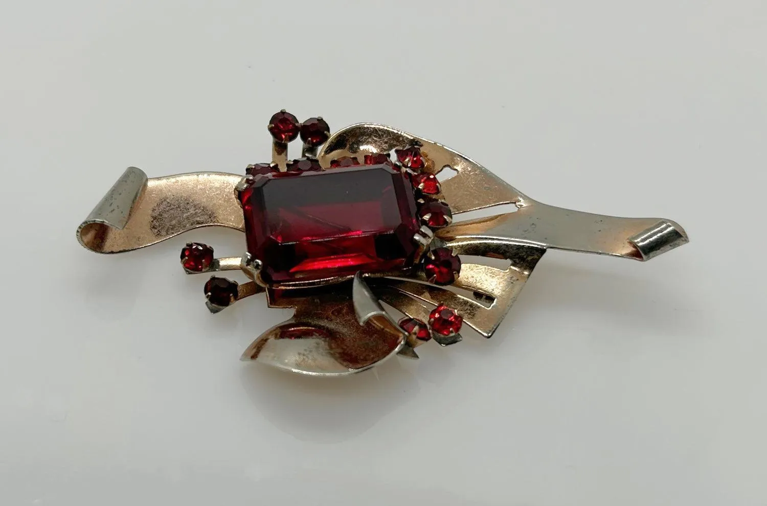 Mid Century Sterling Brooch with Vivid Red Stones