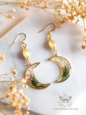 Moss and flowers dangle crescent moon earrings