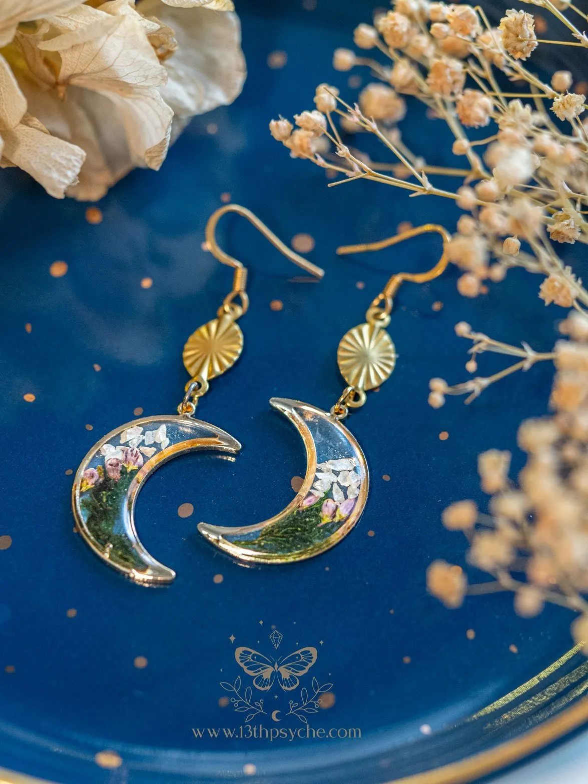 Moss and flowers dangle crescent moon earrings